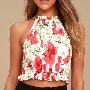 White and Red Floral Print Crop Top